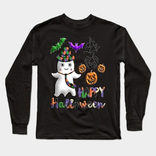 Pumpkin dad ghost Kawaii bat spider Happy Halloween violet orange black dots ribbon 3D tridimensional 320 Long Sleeve T-Shirt